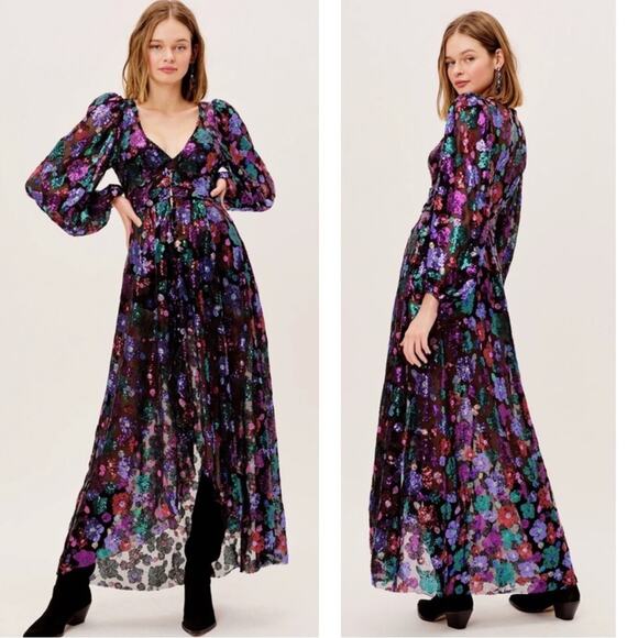 For Love And Lemons Dresses & Skirts - For Love & Lemons Ariana Sequin Embellished Floral Long Sleeve Maxi Dress Sz XS